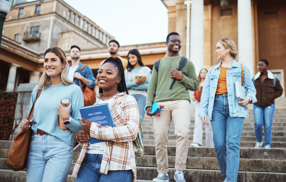 College students walking down steps